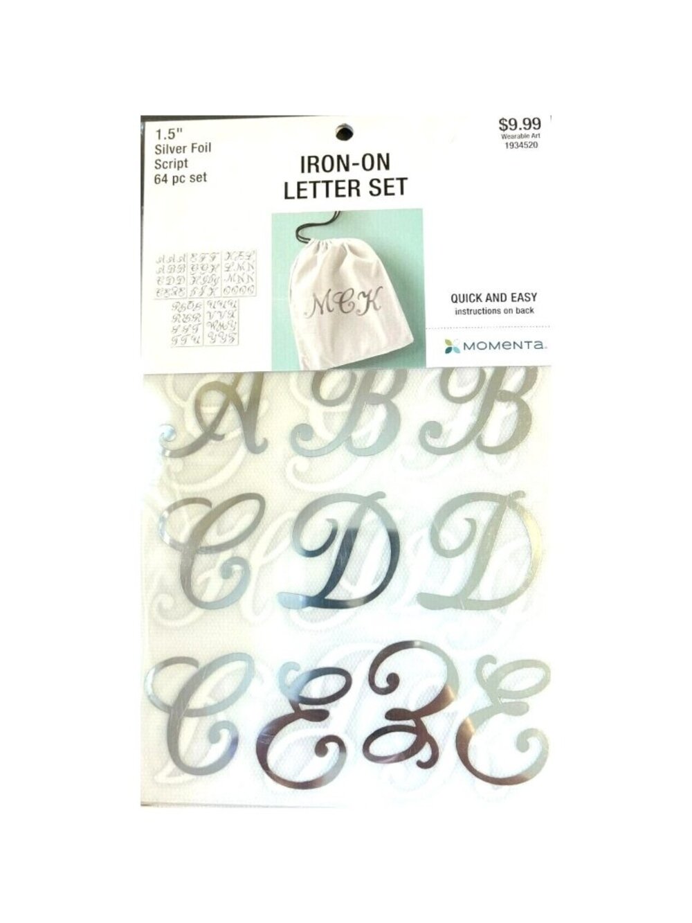 Momenta Iron-On Letter Set Silver Foil Script 1.5" Letter 64-Pc Wearable Crafts - Picture 3 of 3